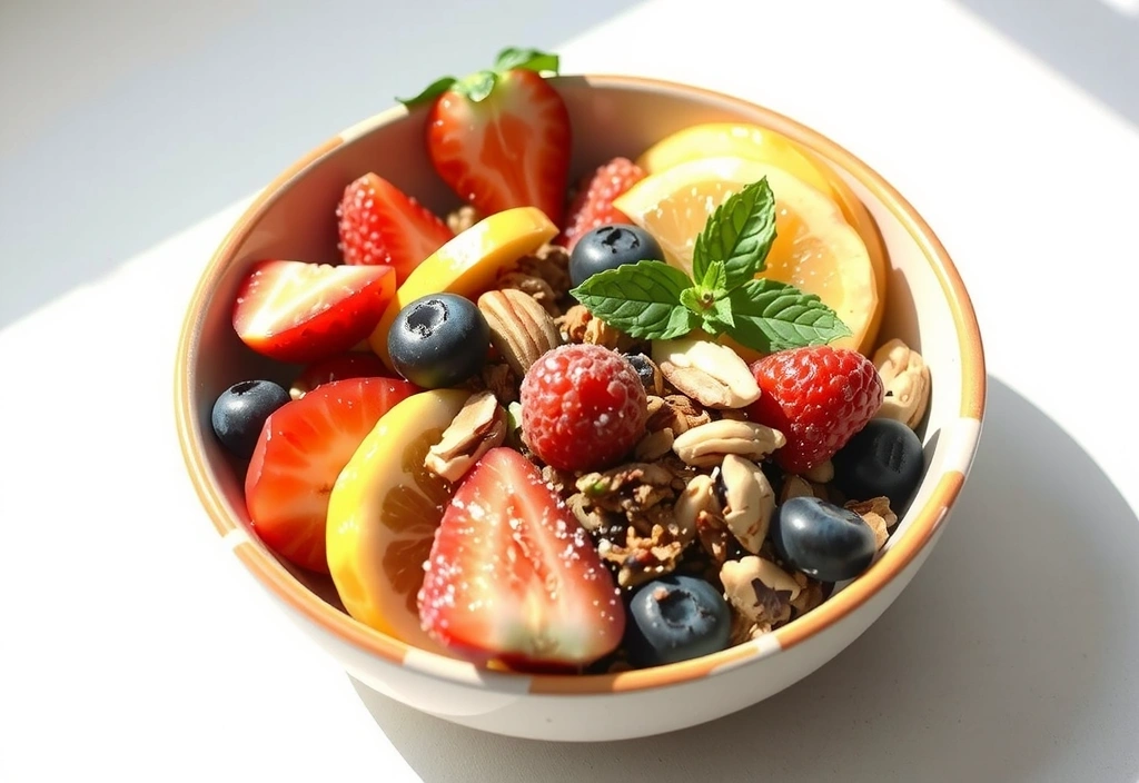 Eine Schüssel mit frischem Obst und Müsli für ein gesundes Frühstück