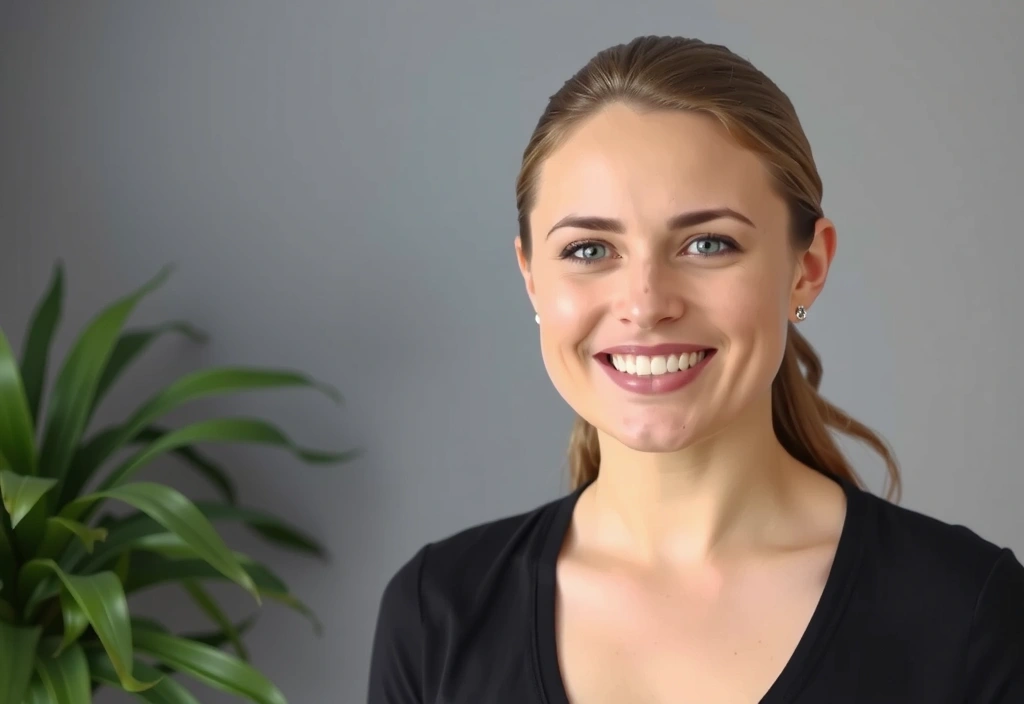 Porträt einer freundlichen Ernährungsberaterin, lächelnd und einladend.